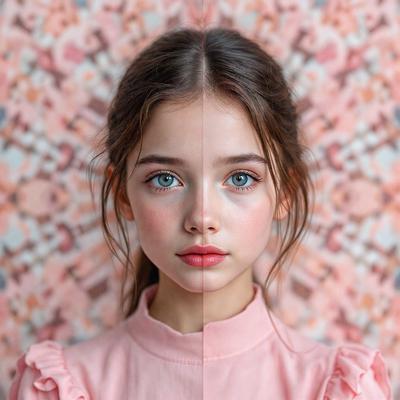 The primary subject of the image is a young girl with pink hair. She is wearing a pink shirt and has pink hair. The setting is a pink background, which adds to the overall mood of the image. The visual style is a close-up of the girl, showcasing her features and the pink color scheme.